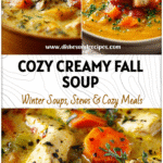A cozy bowl of creamy chicken and pumpkin soup topped with herbs, a perfect fall soup vegetable meal.